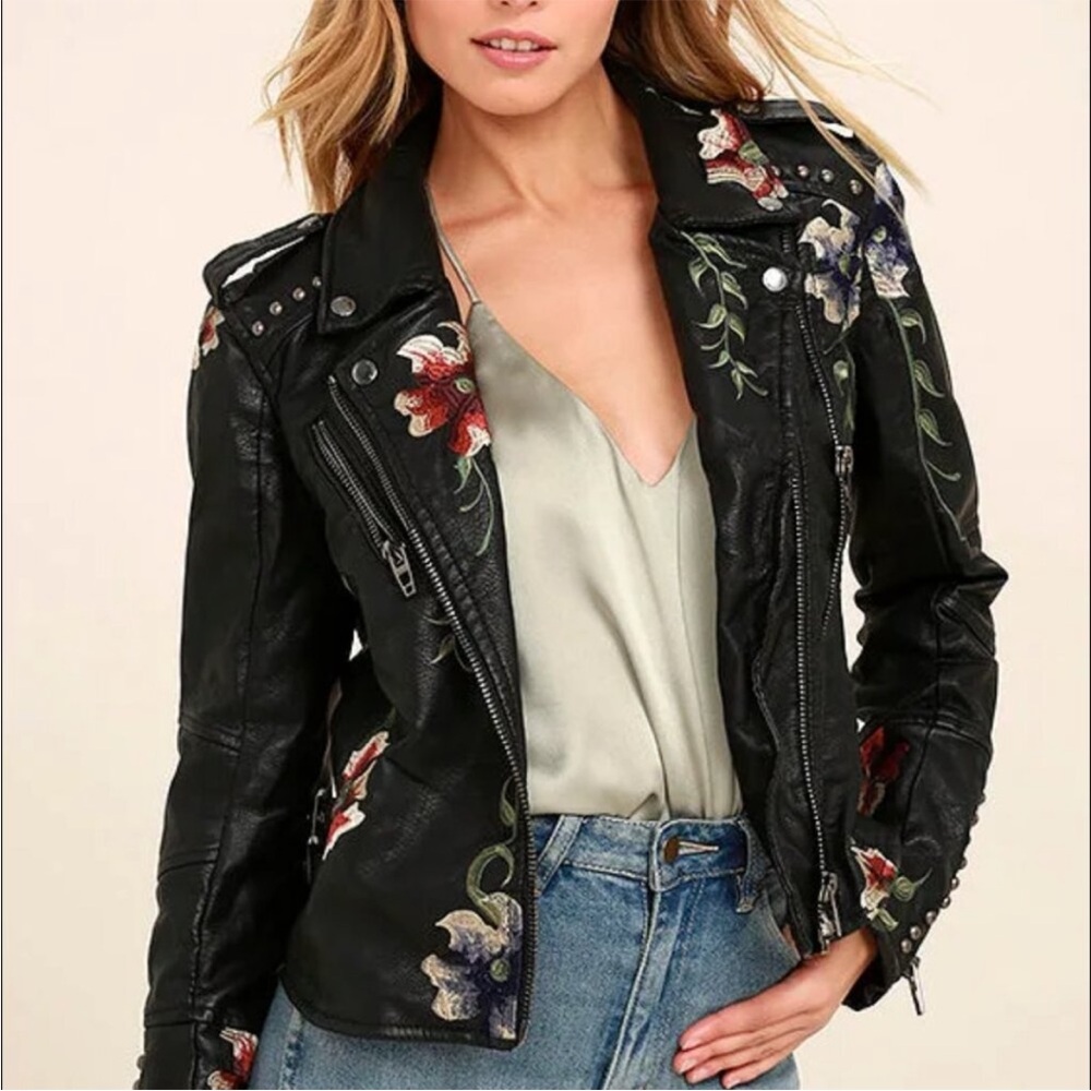 Black Leather Moto Jacket Embroidered Floral Women’s Size Large